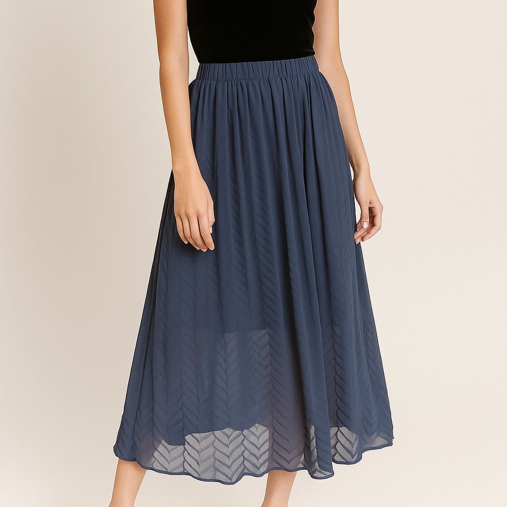 Just Female Navy Chevron Pleated Chiffon Midi Skirt Womens Small Flowy Blue